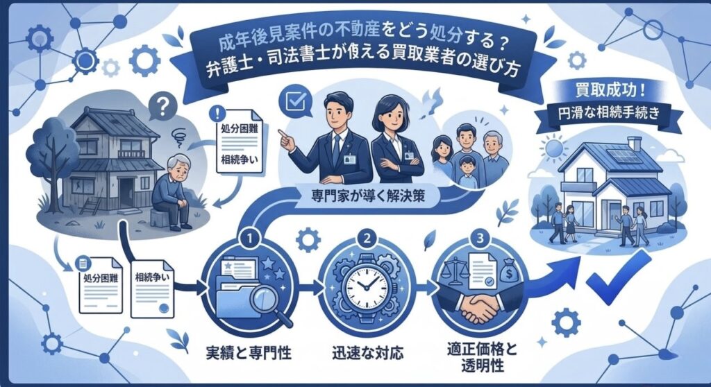 成年後見案件の不動産売却手続きを弁護士・司法書士と不動産業者が連携して進めるイラスト