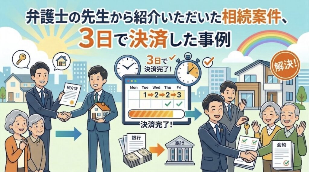 弁護士から紹介された相続不動産案件を3日で決済した事例を紹介するイラスト
