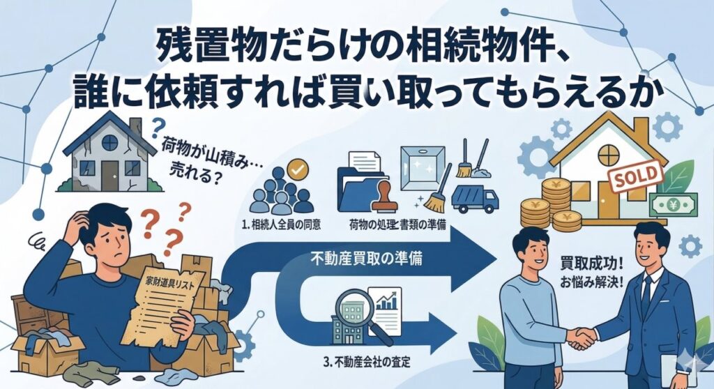 残置物だらけの相続物件を不動産業者が現状のまま買い取るイラスト