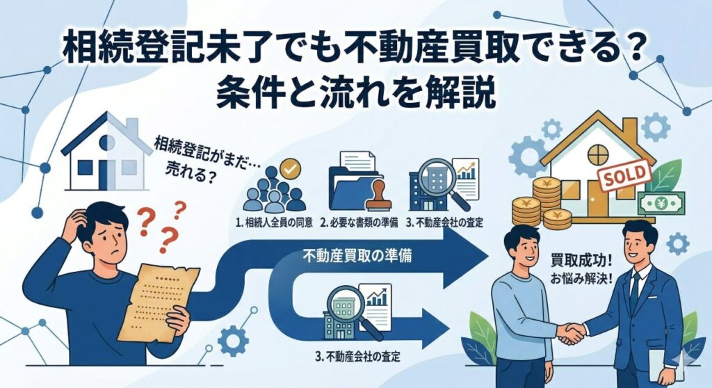 相続登記が未了の不動産でも買取できる条件と流れを説明するイラスト