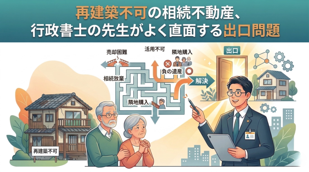 再建築不可の相続不動産について説明する行政書士のイラスト