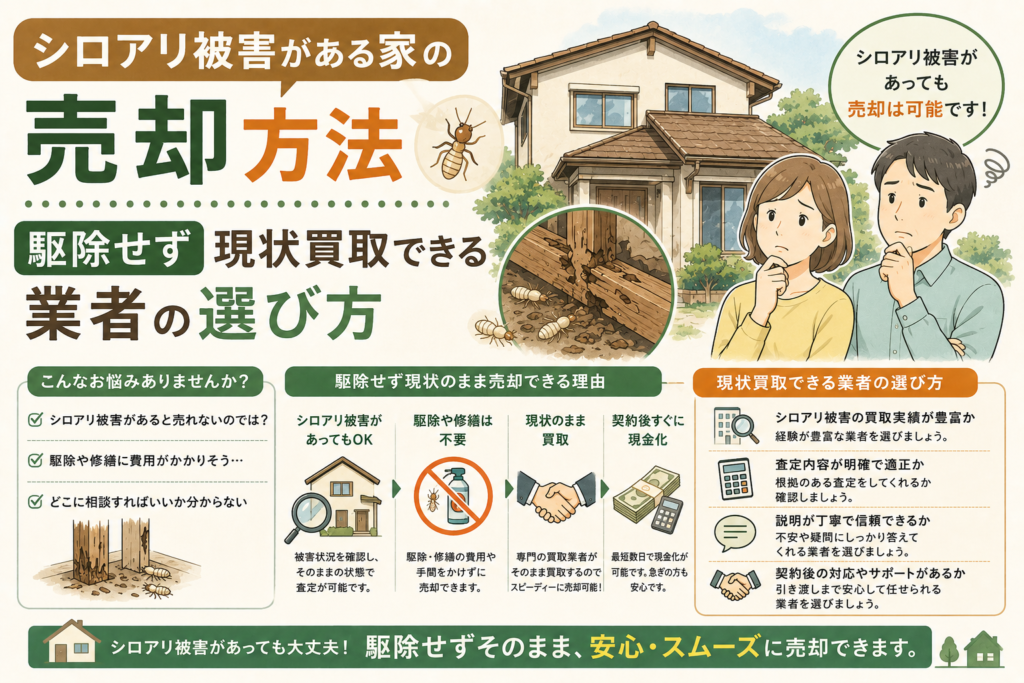 シロアリ被害がある家の売却方法|駆除せず現状買取できる業者の選び方