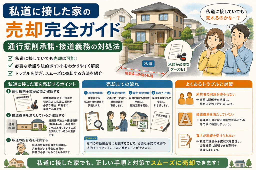私道に接した家の売却完全ガイド|通行掘削承諾・接道義務の対処法