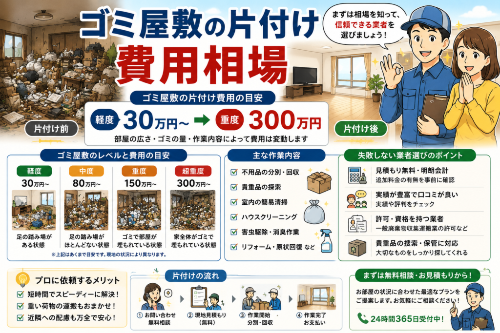 ゴミ屋敷の片付け費用相場|軽度30万〜重度300万円の業者選び