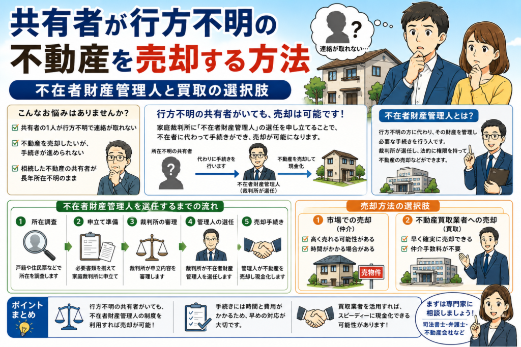 共有者が行方不明の不動産を売却する方法|不在者財産管理人と買取の選択肢