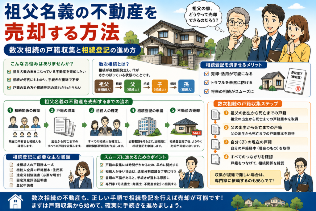 祖父名義の不動産を売却する方法|数次相続の戸籍収集と相続登記の進め方