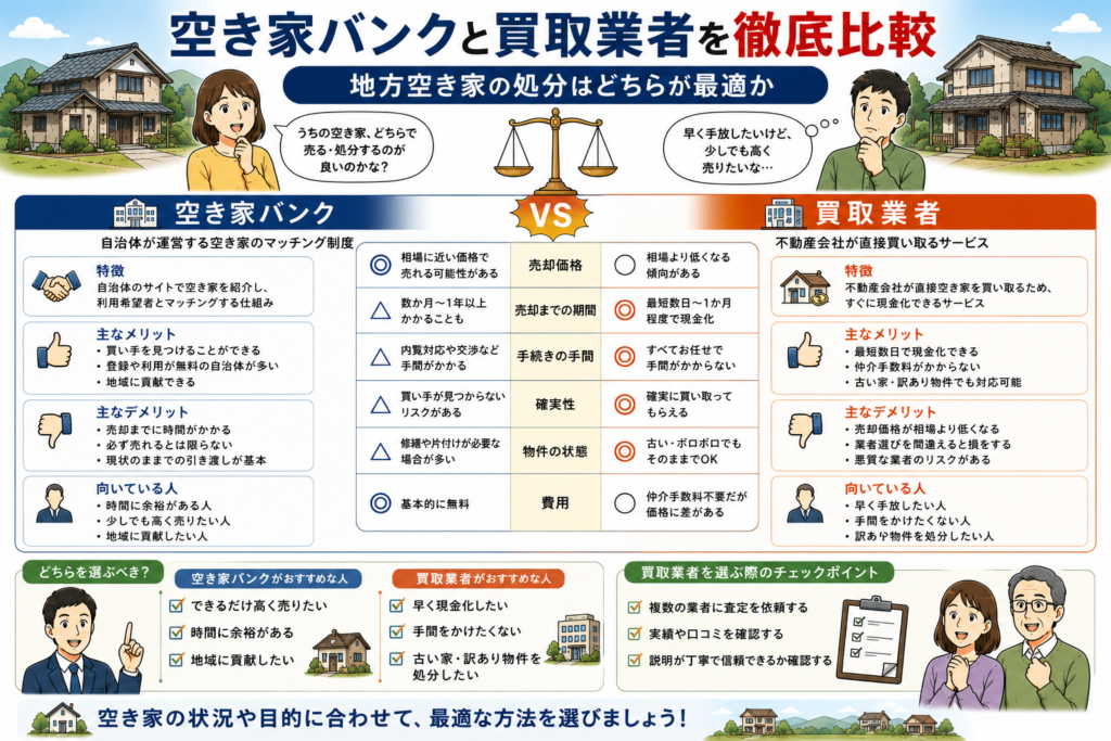 空き家バンクと買取業者を徹底比較|地方空き家の処分はどちらが最適か