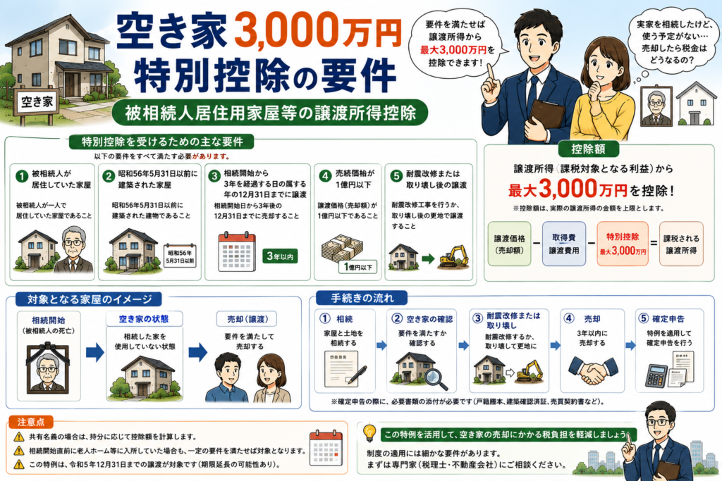 空き家3000万円特別控除の要件|被相続人居住用家屋等の譲渡所得控除