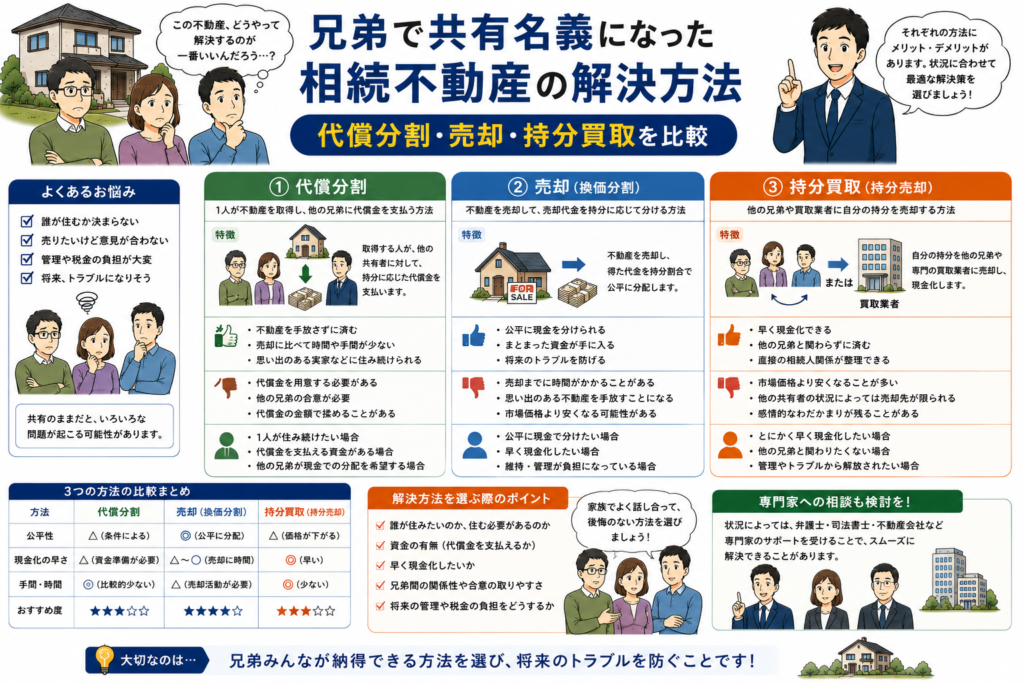 兄弟で共有名義になった相続不動産の解決方法|代償分割・売却・持分買取を比較